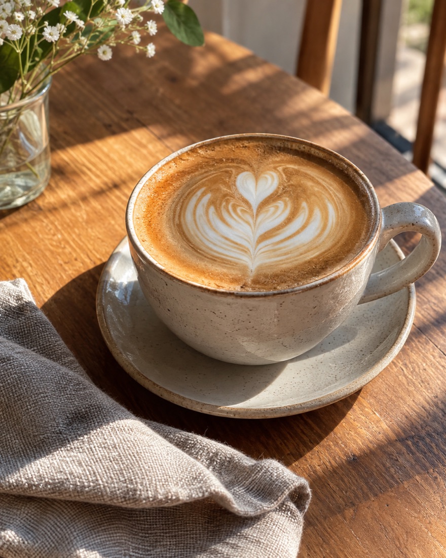 陽の差すカフェのテーブルと一杯のラテ